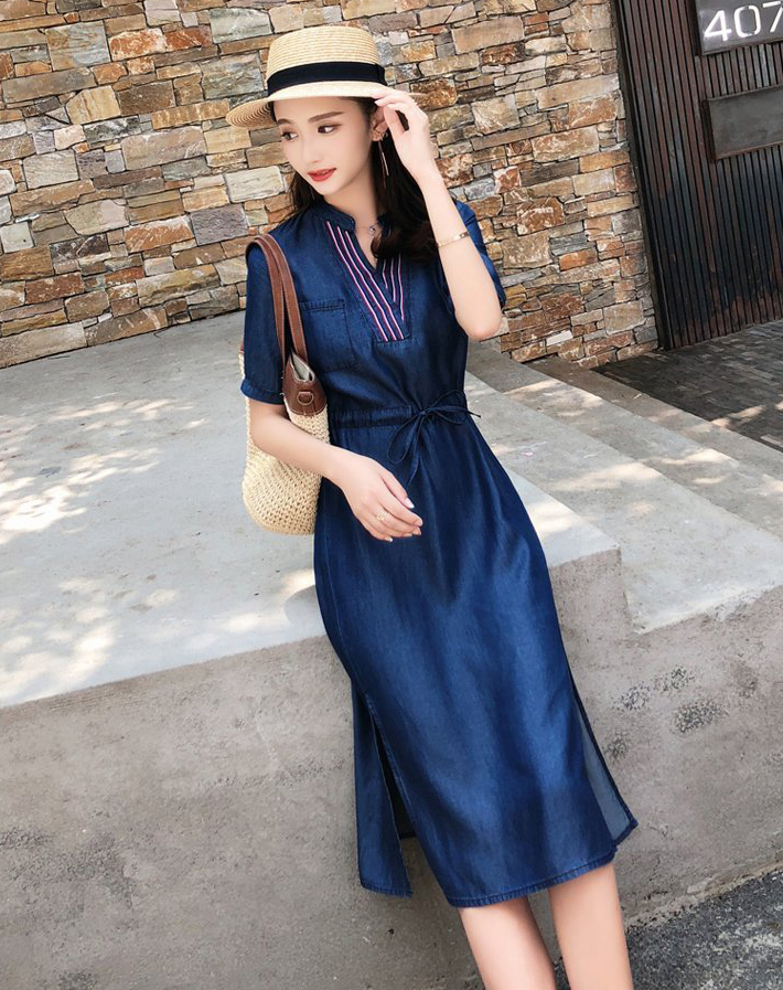 ĐẦM JEAN DENIM XÒE CỔ TRỤ PHỐI VIỀN